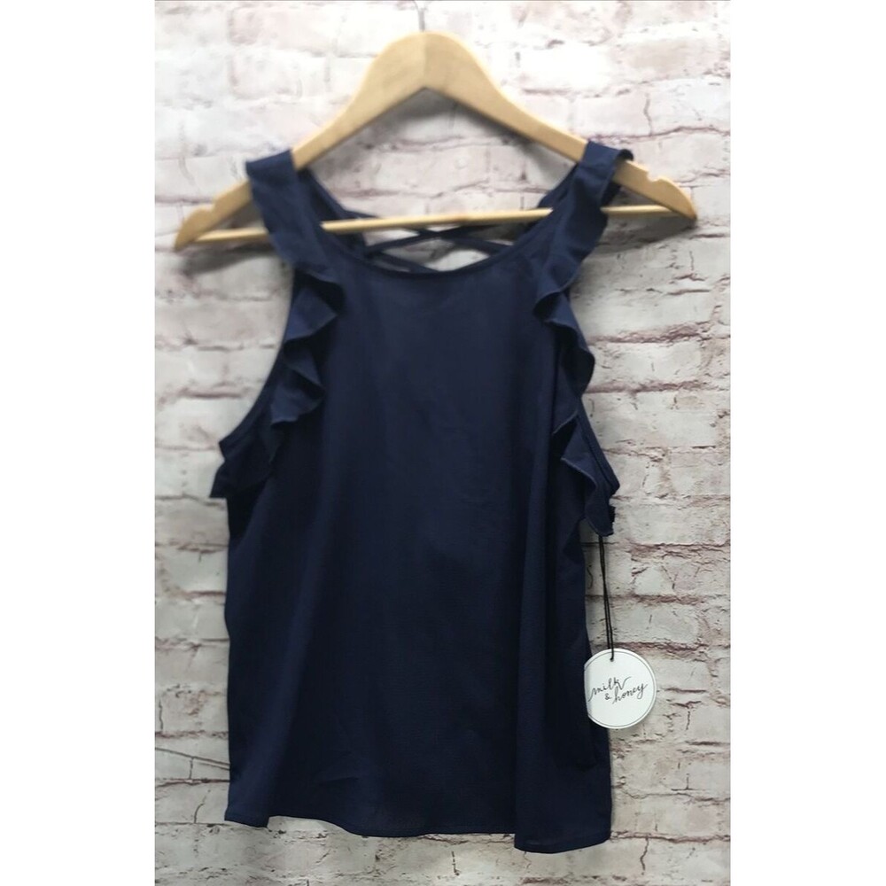 Milk & Honey Women's Tank Shirt Size M Sleeveless Blue Ruffle NWT